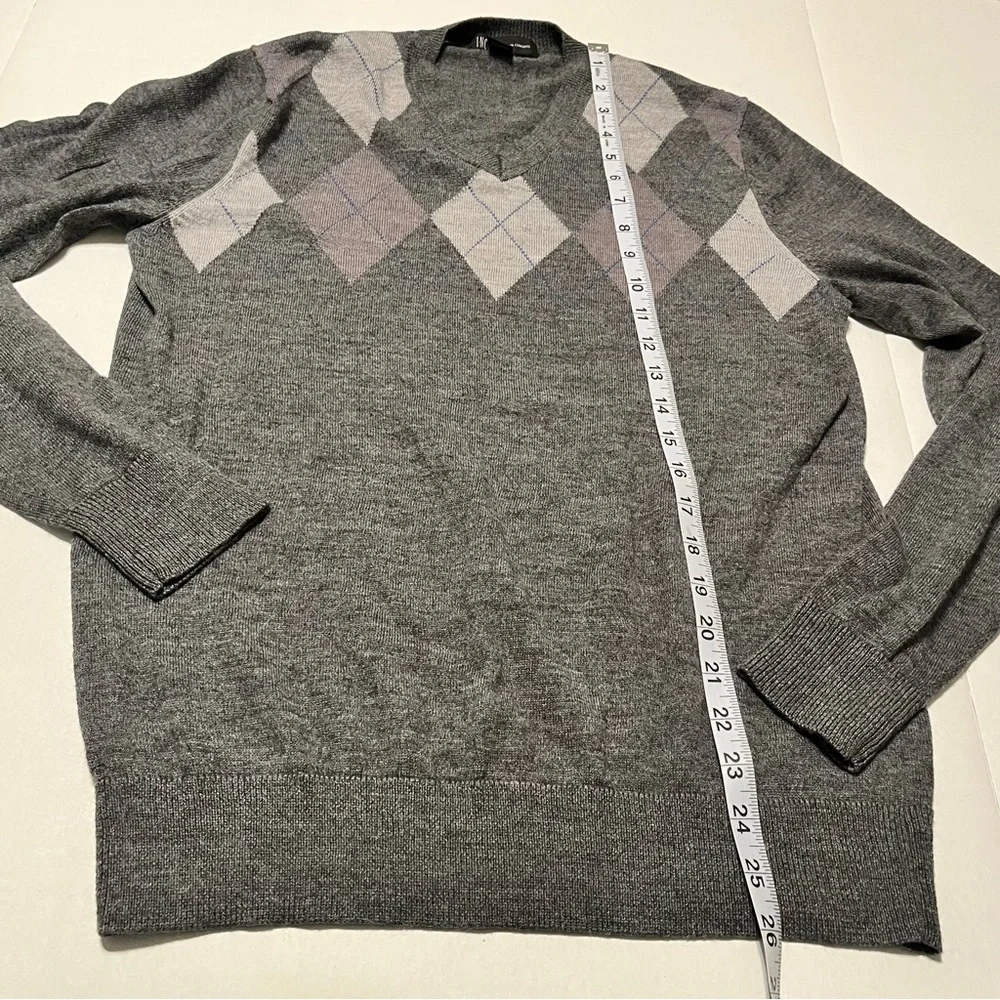 INC International Concepts Mens Small Grey Gray Purple Argyle Wool Blend Sweater